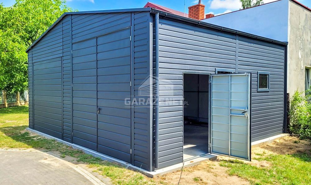GARAŻ BLASZANY 7X6M Brama Uchylna Dwuskrzydłowa Dach Dwuspadowy Gb455