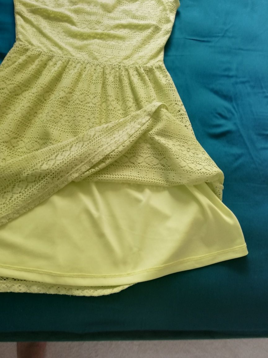 Sukienka Reserved retro boho lemonkowa-cytrynowa bawełna koronka r. L