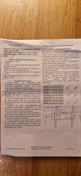 Uchwyt/wieszak VX-200, do telewizora 32-64 cali, obrót 90 stopni