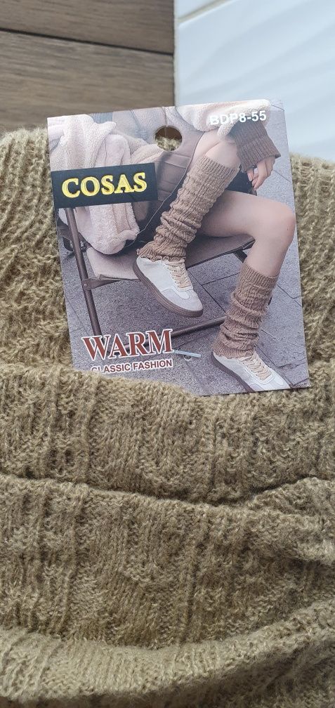 Beżowy ocieplacz na nogi łydki sweterek na buty-kozaki wełna
