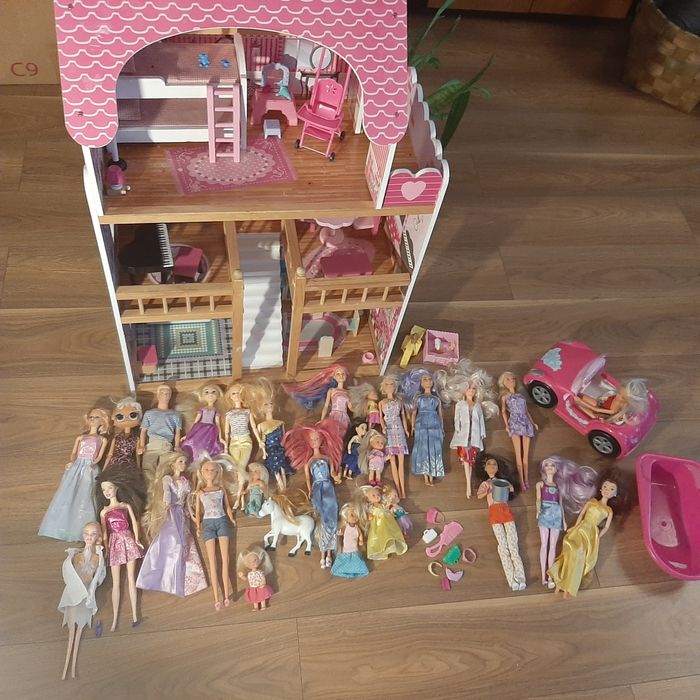 Drewniany domek dla lalek meble lalka barbie auto barbie
