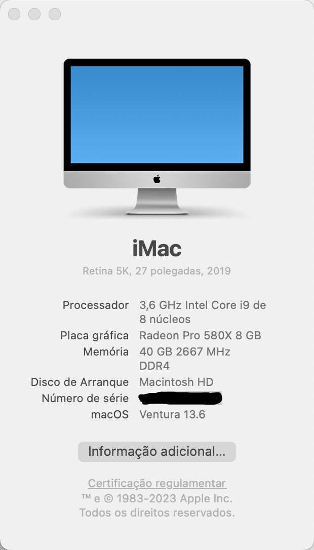 iMac 5K 27" Retina i9 40GB DDR4 e Radeon Pro 580X 8Gb | Como novo