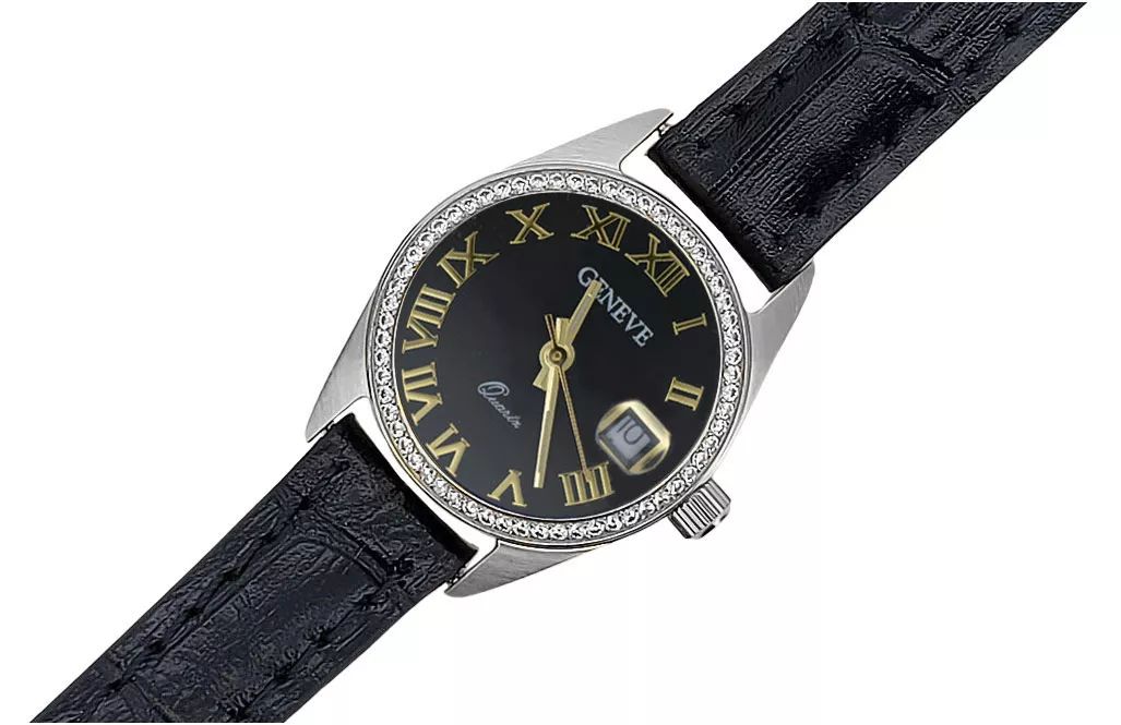 Zegarek damski z białego złota 14k Geneve z czarną tarczą lw078wdbc K