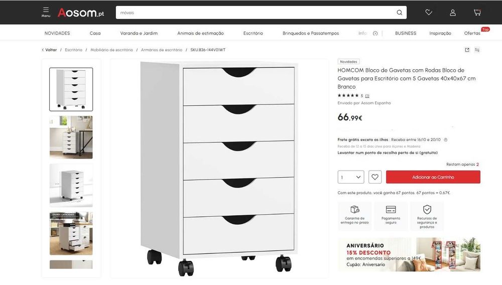 HOMCOM Bloco de Gavetas com Rodas 5 Gavetas 40x40x67 cm Branco