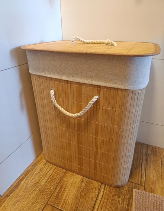 Kosz na pranie bambusowy 60L z pokrywą | Nowy | Ekologiczny zestaw