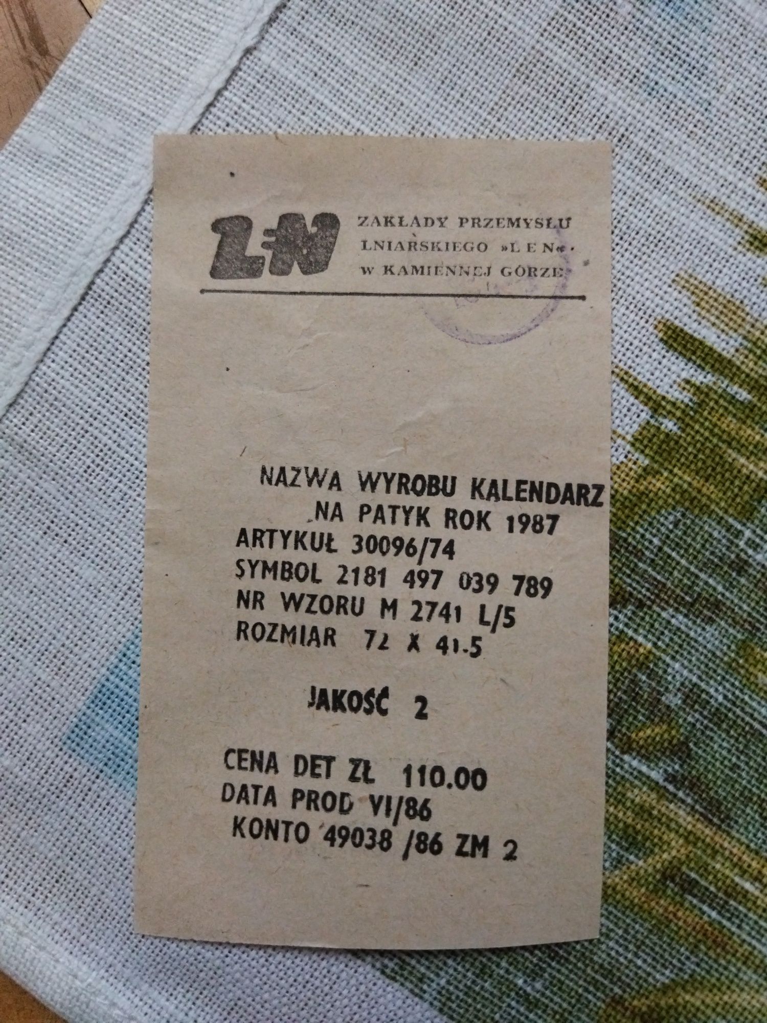 kalendarz lniany na patyk rok 1987