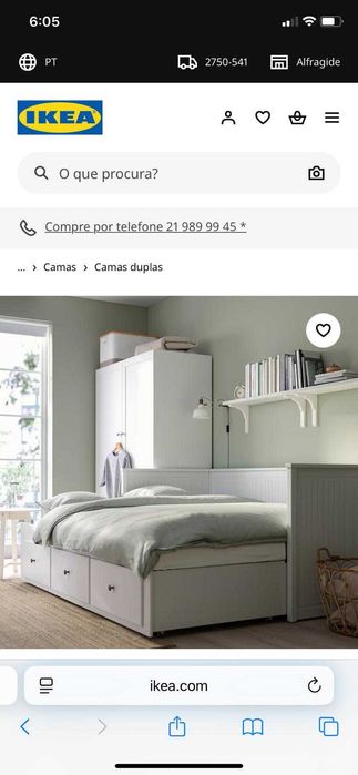 Cama IKEA indiv/dupla c/3 gav, branco, 80x200 cm