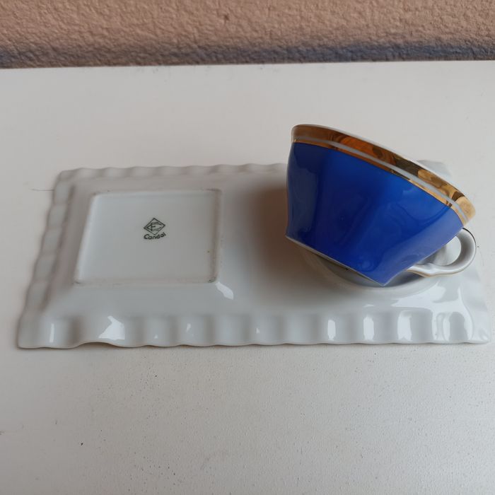Conjunto raro chávena de café com bandeja cinzeiro em porcelana Candal