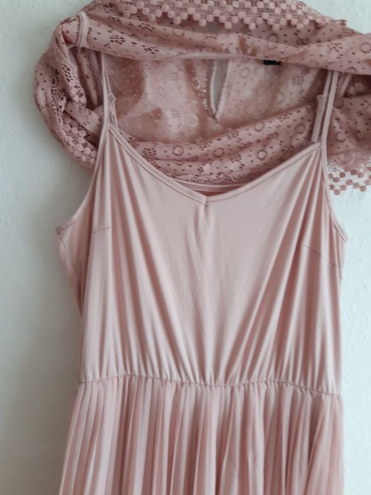 Nowa Długa sukienka plisowana top koronkowy pudrowy róż L XL