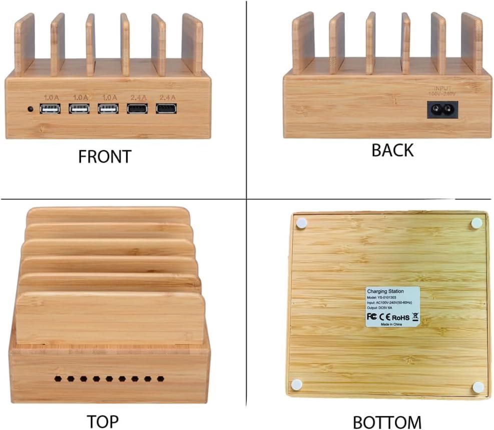 5 portów USB Stacja ładująca Bamboo
