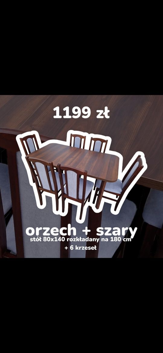 Nowe: Stół 80x140/180 + 6 krzeseł, orzech + szary, dostawa cała PL