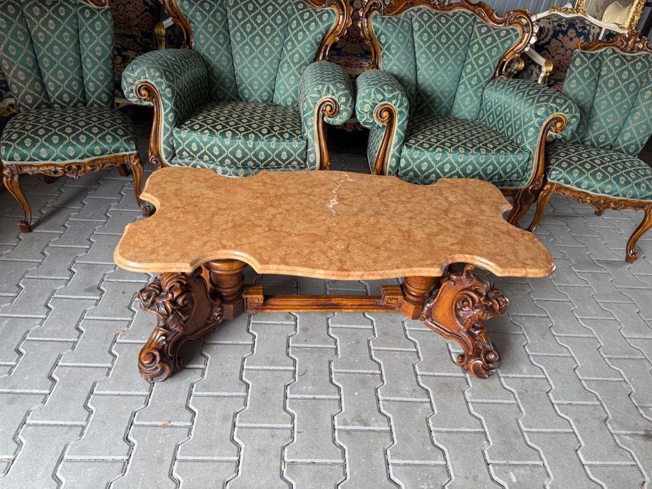 Włoska rzeźbiona ława z marmurowym blatem