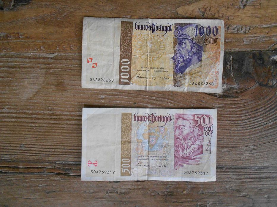 Notas antigas de 500 e 1000 escudos anos 90