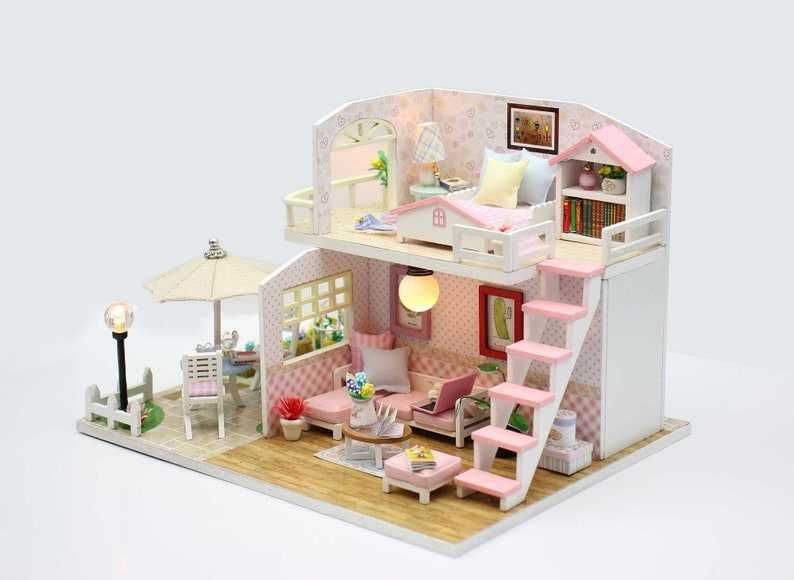 Domek drewniany miniaturowy Pink loft, 3D składanka, DIY