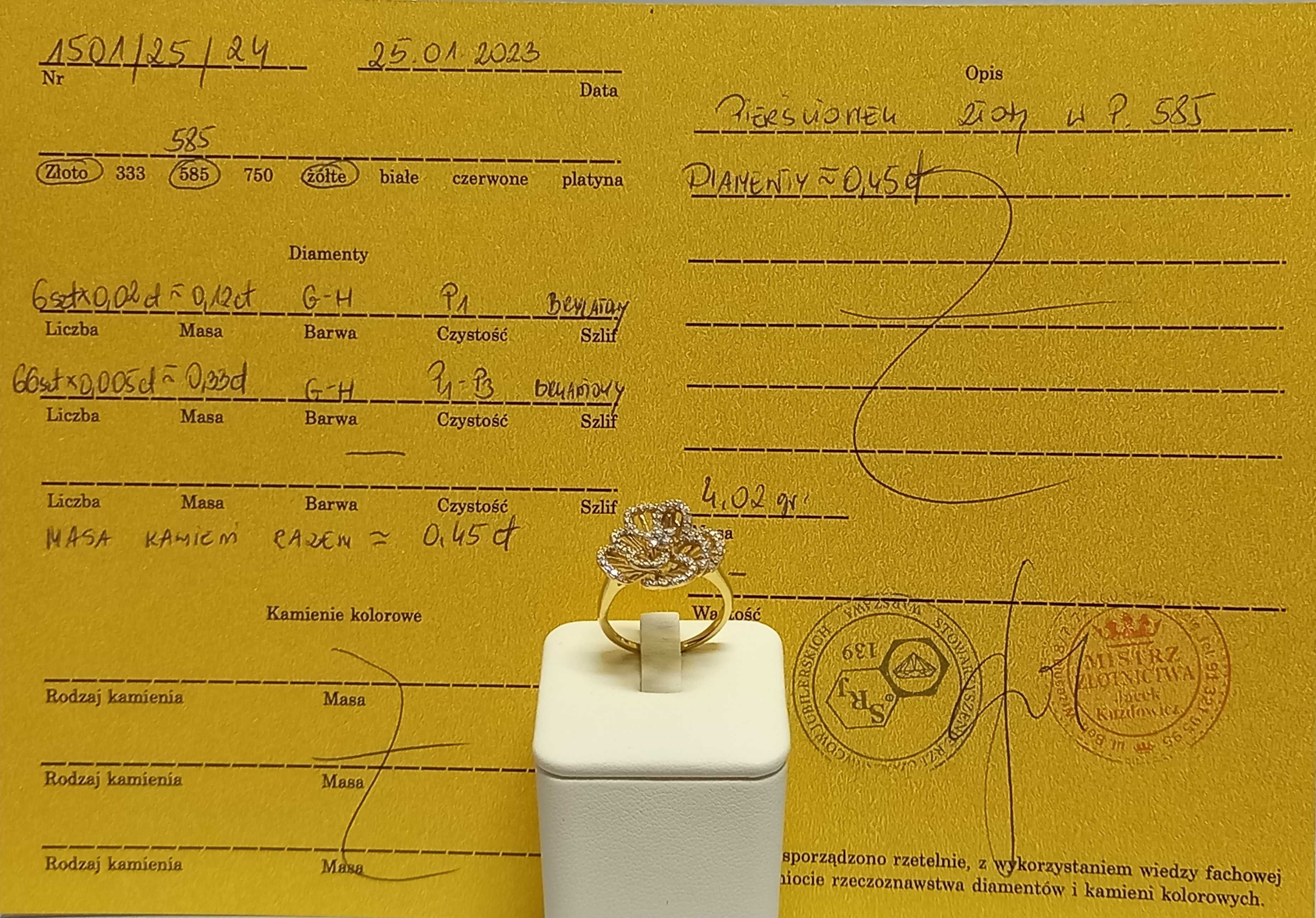 Pierścionek z diamentami, 0,45 ct, złoto 585