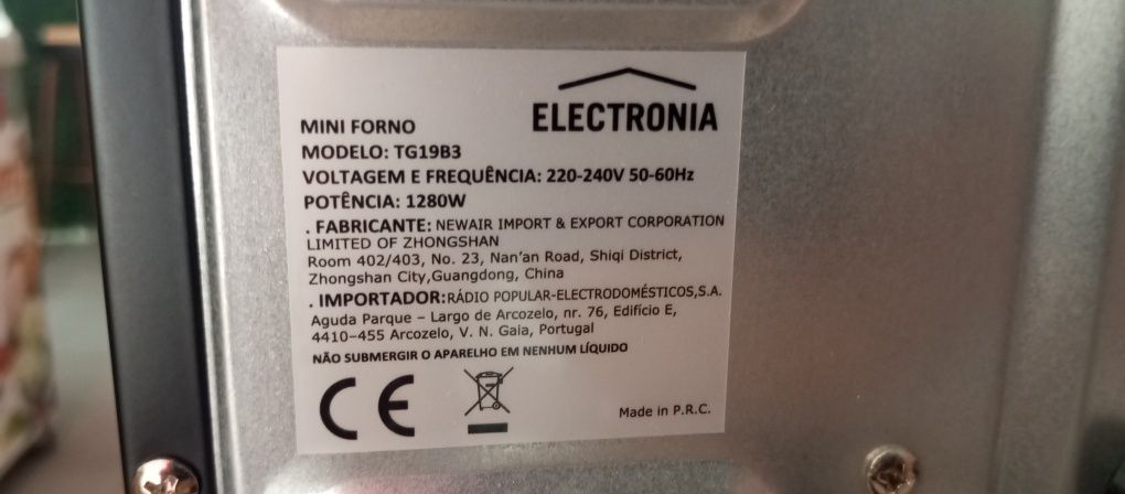 MINI FORNO ELECTRONIA TG19B3 Capacidade 19 Lt, Potência 1280