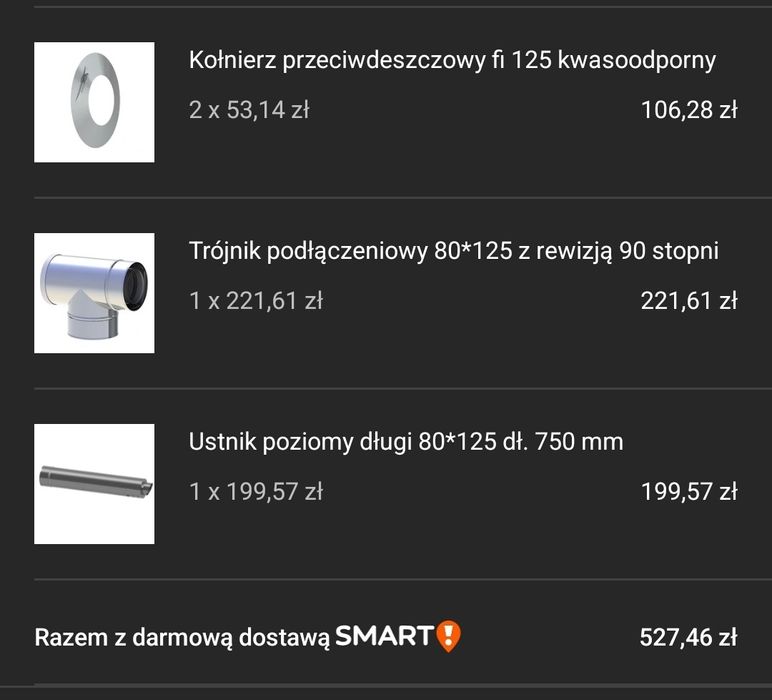 Ustnik poziomy długi 80x120 dł. 750mm, rura, komin, junkers, piec