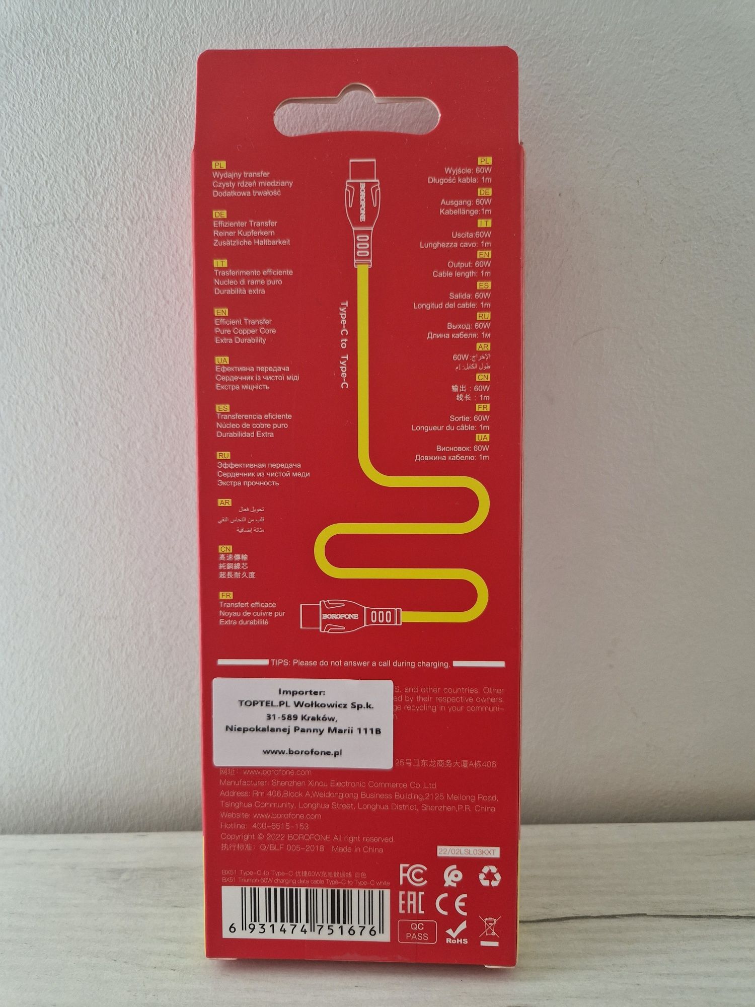 Borofone Kabel BX51 Triumph - Typ C na Typ C - 60W 1 metr biały