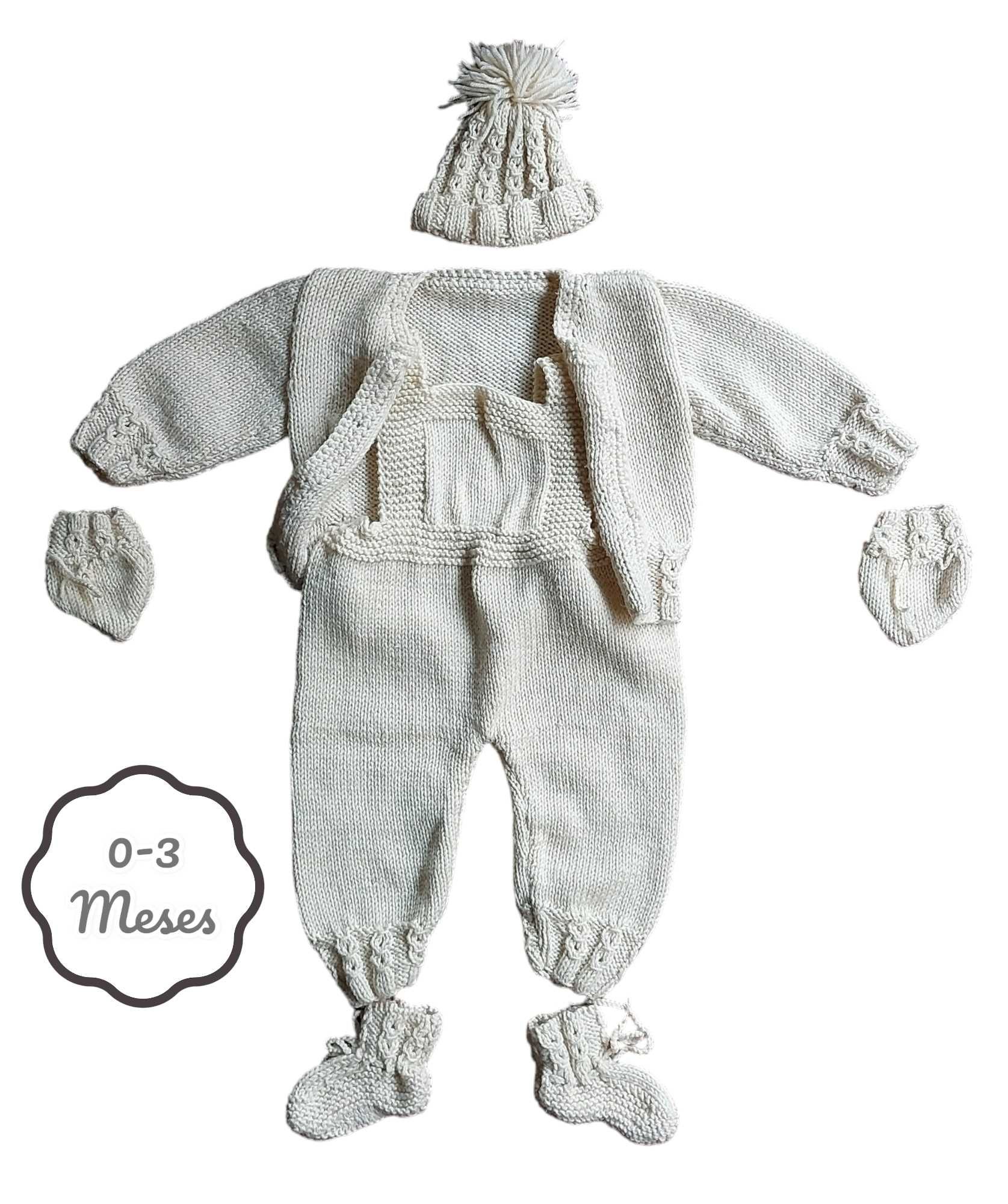 Conjunto Gorro+Luvas+Casaco+Macacão Jardineira+Botins Bege 0-3 meses