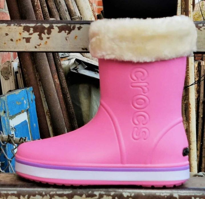 Женские Резиновые Полусапожки CROCS Розовые Сапоги Кроксы Зимние