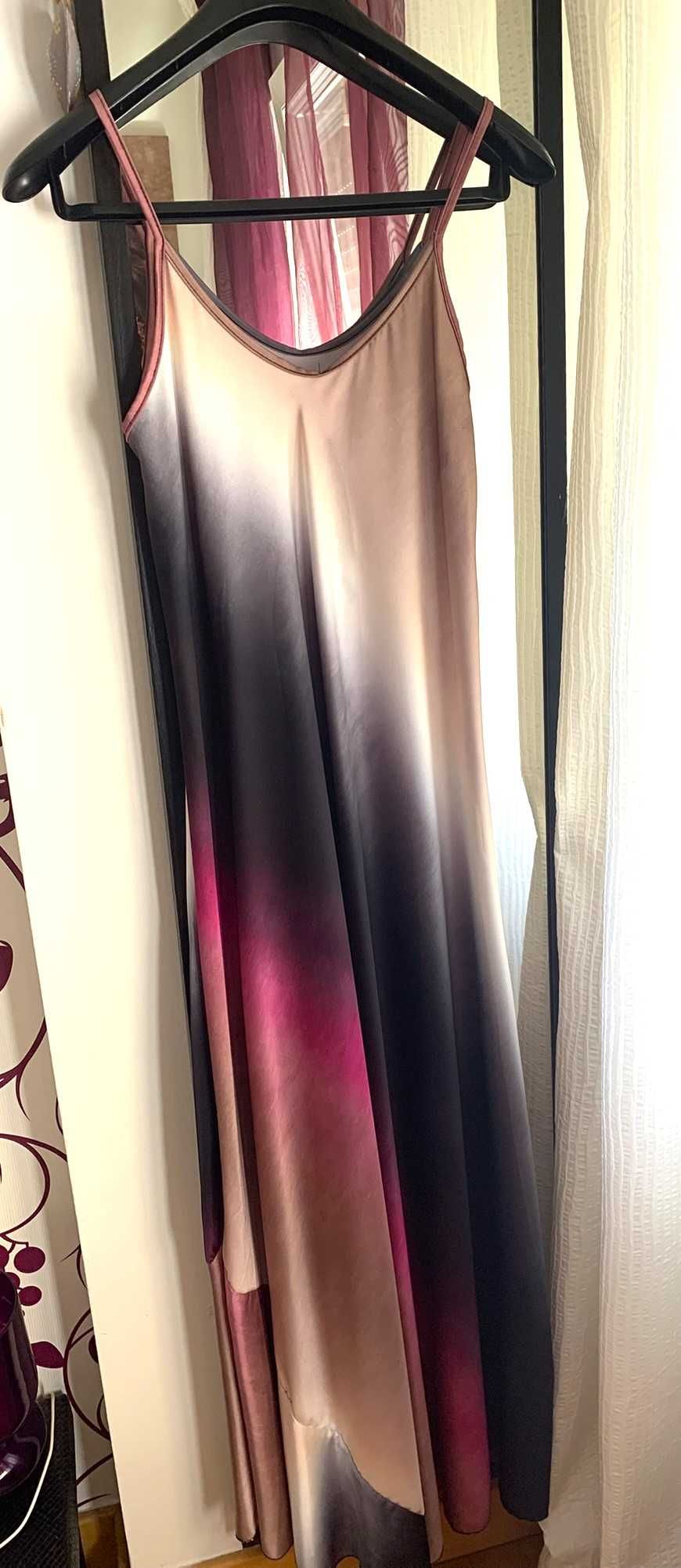 Vestido comprido fluído, tons degradé de bordeaux a bege, T. Único