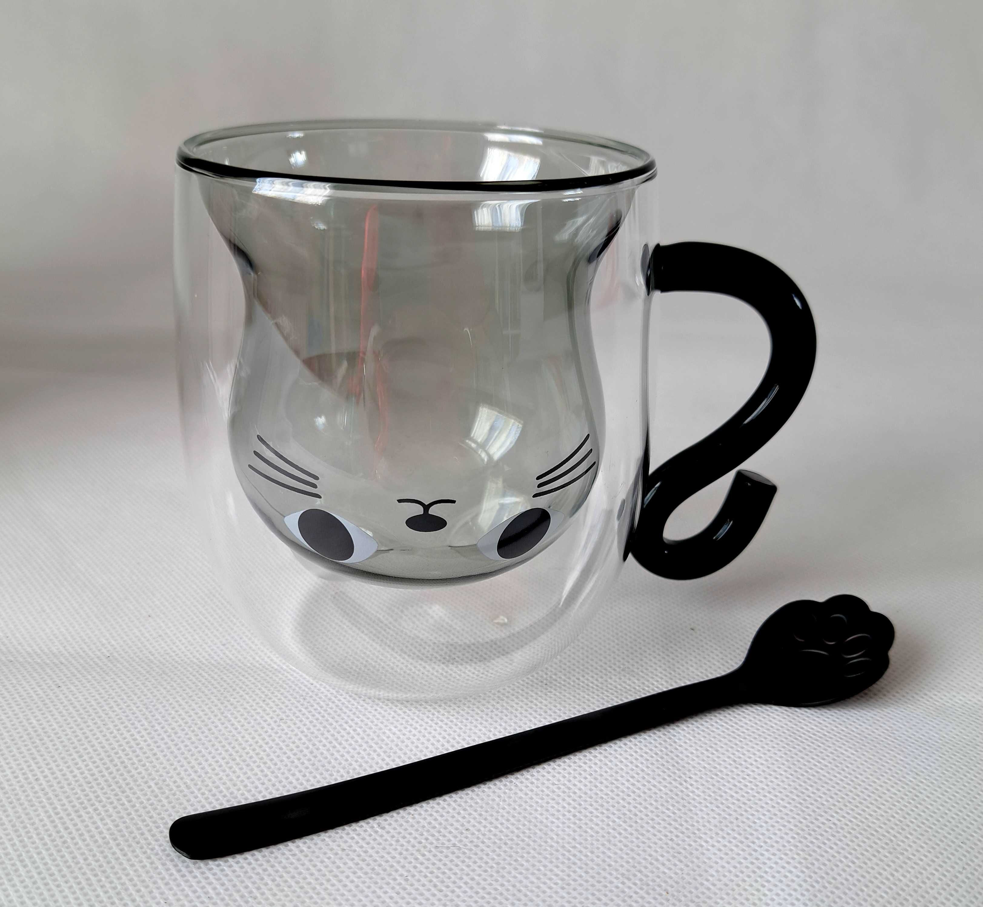 Belle Vous Kubek do kawy, podwójne szkło, wzór- kot + łyżeczka, 290 ml