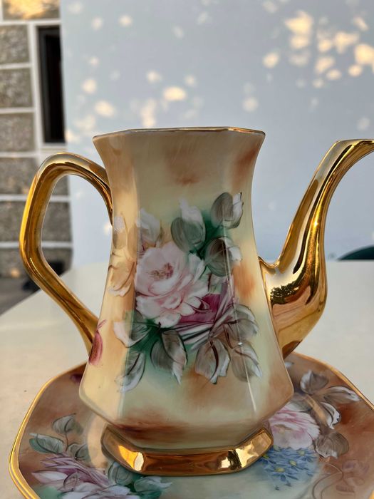 Conjunto bule e prato LIMOGES dourado PINTADO À MÃO