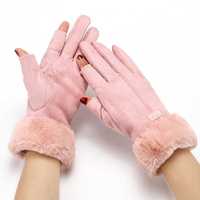 NOWE Różowe zamszowe rękawiczki z futerkiem pięciopalczaste