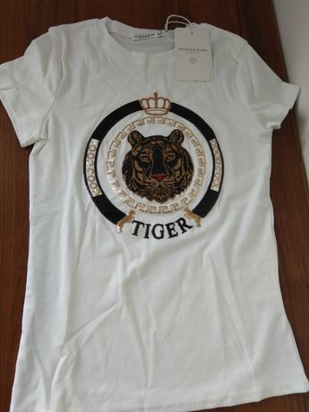 Biały t-shirt damski Tiger z błyszczącą aplikacją r. S/M bawełna
