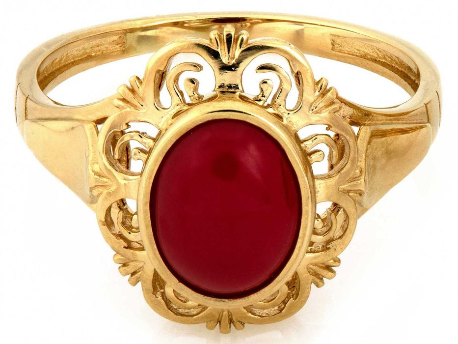 Pierścionek złoty z owalnym koralem w ażurowej oprawie PR 585
