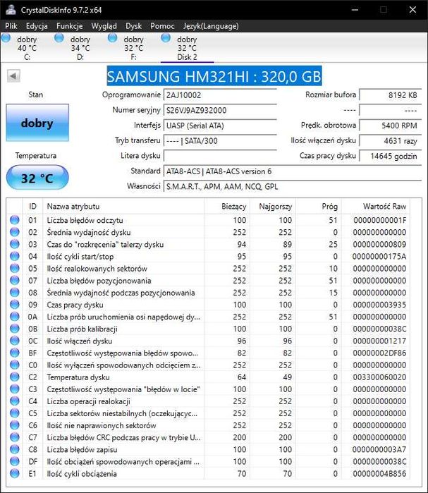 Samsung 320 Gb HM321HI Dysk twardy HDD 2,5” używany sprawdzony