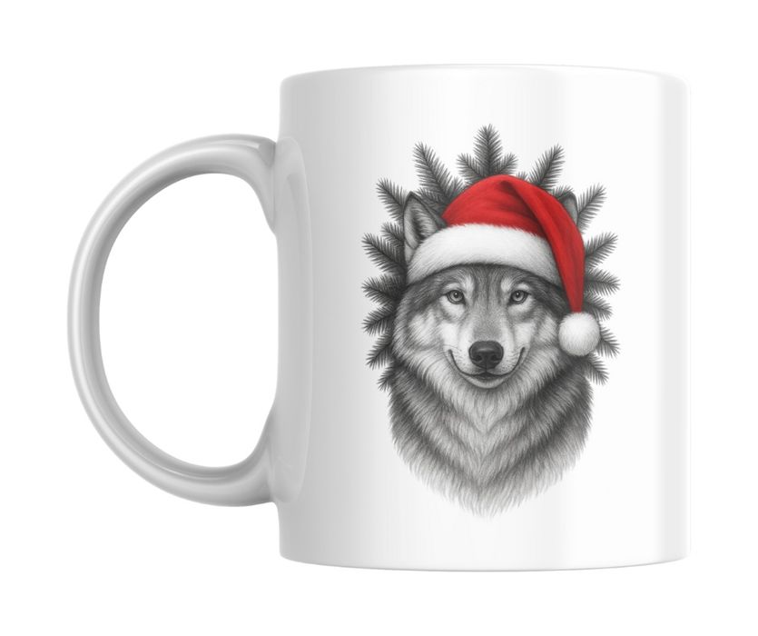 Kubek świąteczny z wilkiem w czapce Mikołaja – Wilcza Magia Świąt