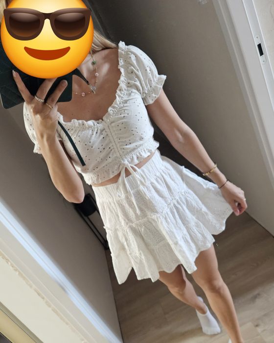 Bialy komplet set koronkowy na lato s / m bialy spodniczka top