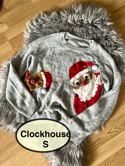 Sweterek świąteczny Clockhouse S 9/10l szary mikołaj na święta