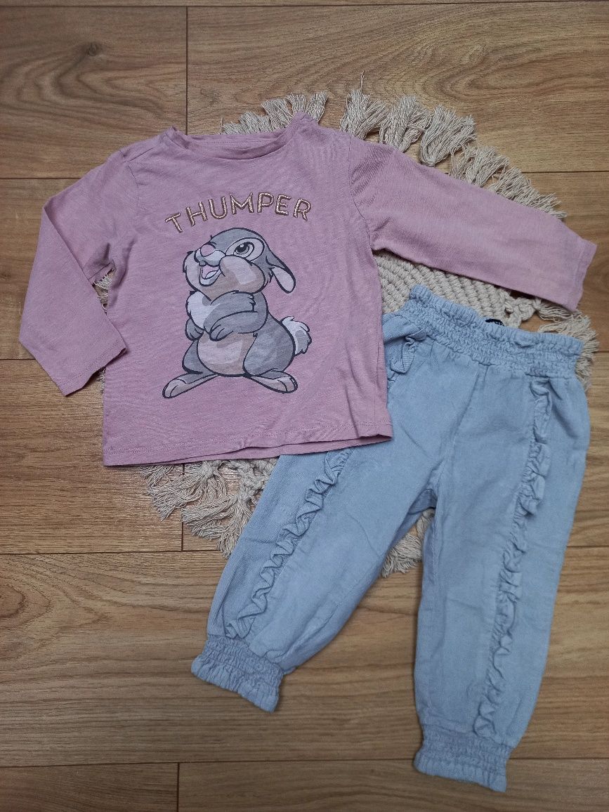 Bluzeczka z królikiem Tuptuś Disney + wiosenne spodnie sztruksowe 86