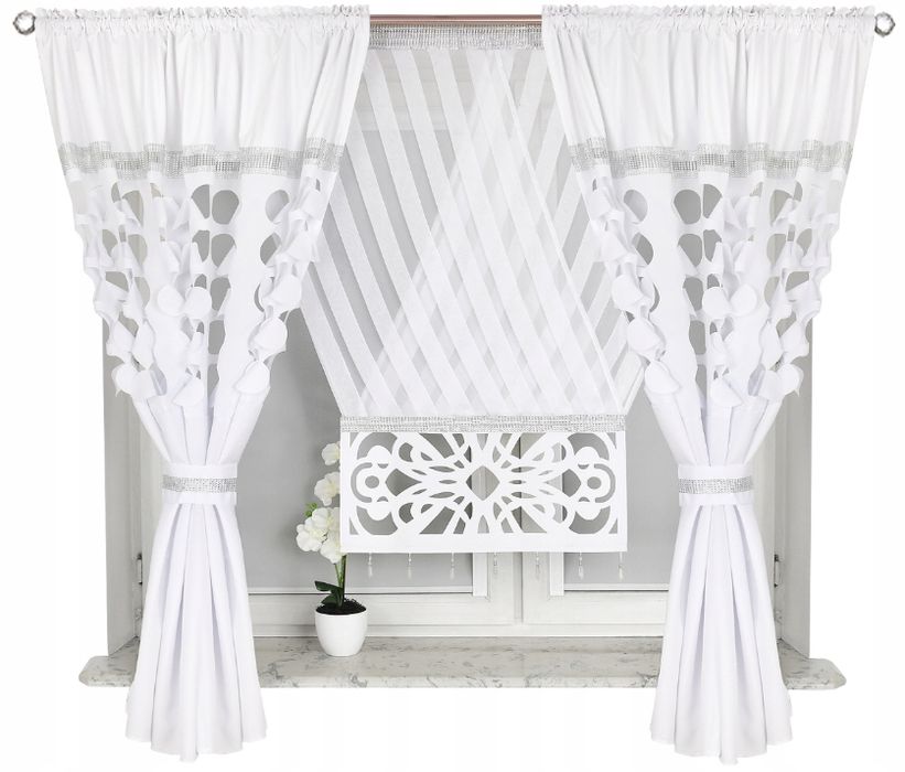 Firany Firanki Ażur Gotowy Komplet Firana 160 Cm Woal Cyrkonie Taśma