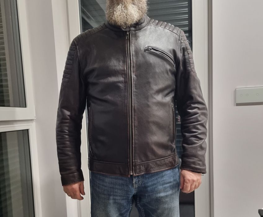 Skórzana kurtka motocyklowa, męska, brązowa skóra, rozmiar L/XL,