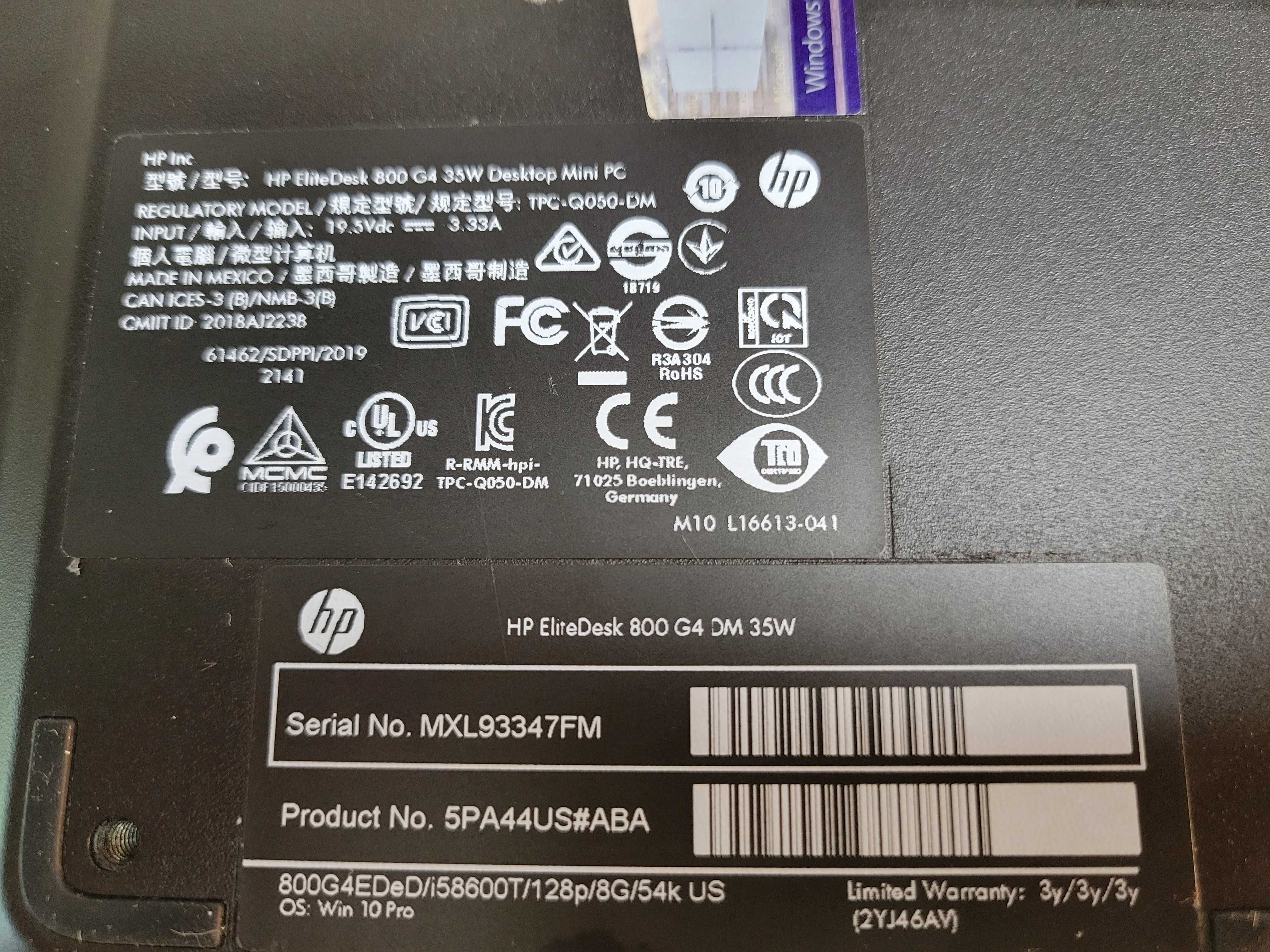 Комп'ютер WiFi VGA 6 ядер i5-8600T/8GB/128GB HP EliteDesk 800 G4 Mini