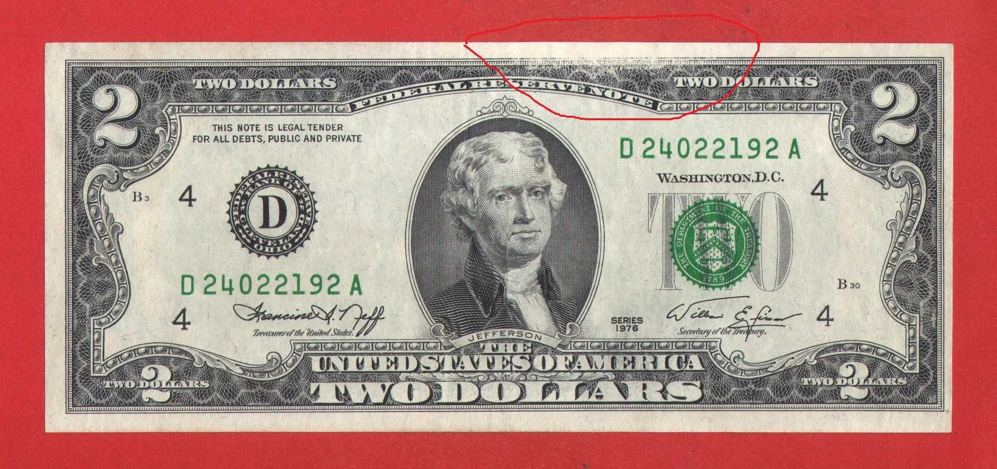 Банкнота, купюра 2 $ доллара 1976 р, два долари