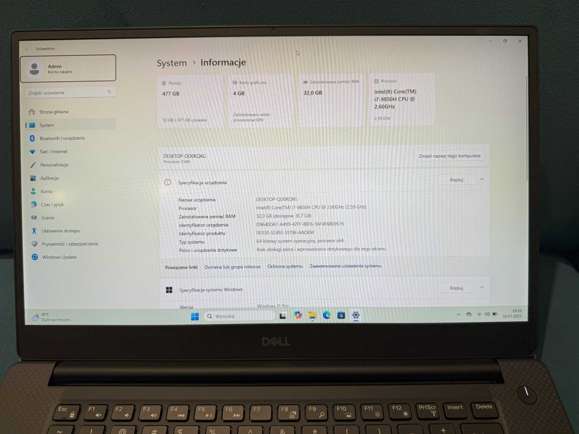 Dell 5540 • i7-9850H • 32GB RAM • 512GB SSD • Quadro T1000 • Zasilacz