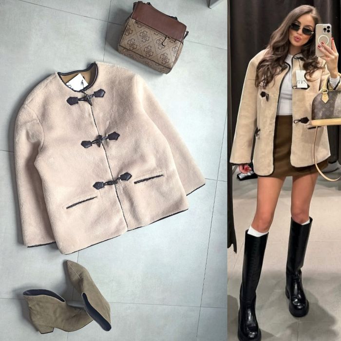 Zara kurtka futerko M 38 kremowe patki oversize