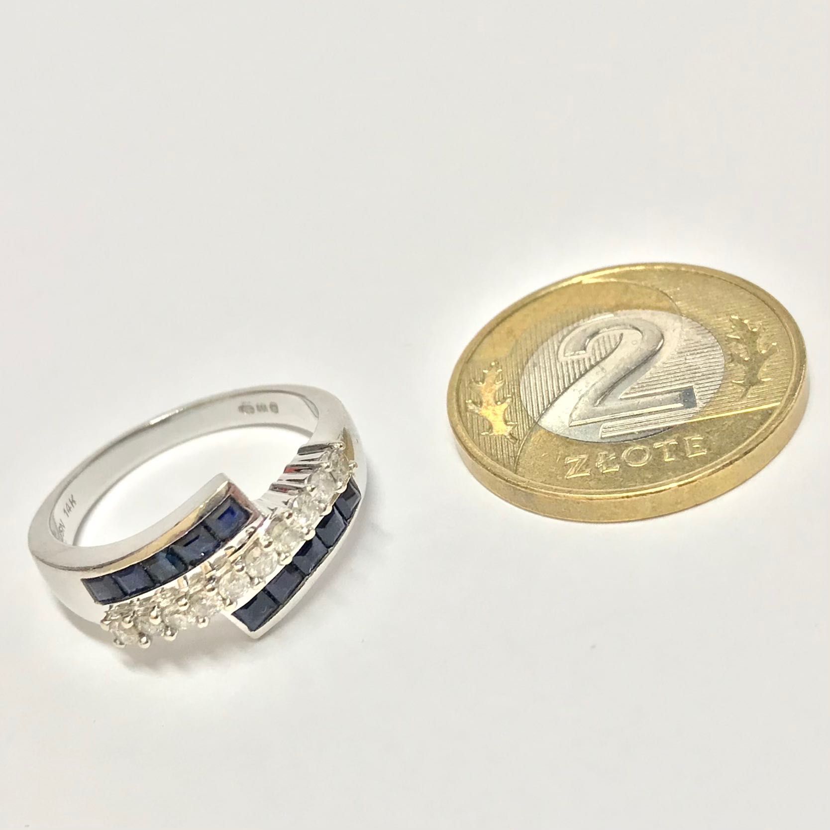 Złoty pierścionek 585 14K SZAFIRY i DIAMENTY 0.25ct 13