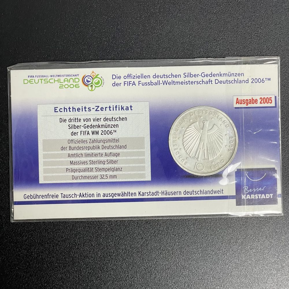Срібна монета 10€ FIFA Fussball Weltmeisterschaft Deutschland 2006 18г