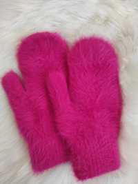 Рукавицы,перчатки,варежки,теплые,двойные,ангора,зима,розовые,малиновые