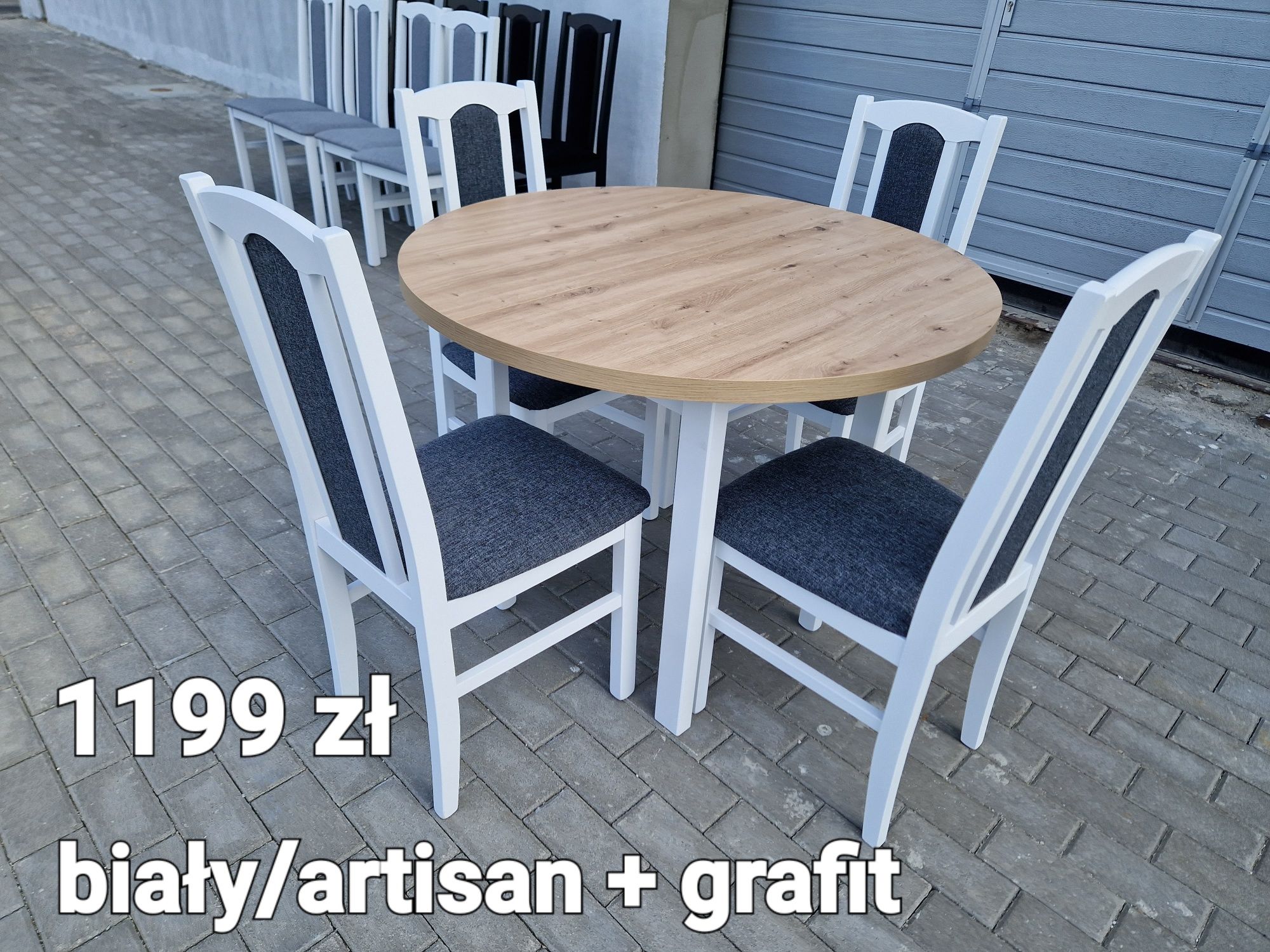 Nowe: Stół okrągły + 4 krzesła, biały/artisan + grafit, transport PL