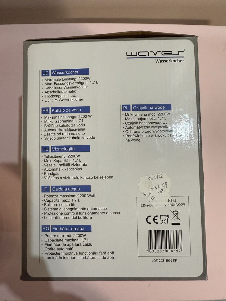 Nowy czajnik bezprzewodowy Led Waves wassekocher 2200W 1.7l