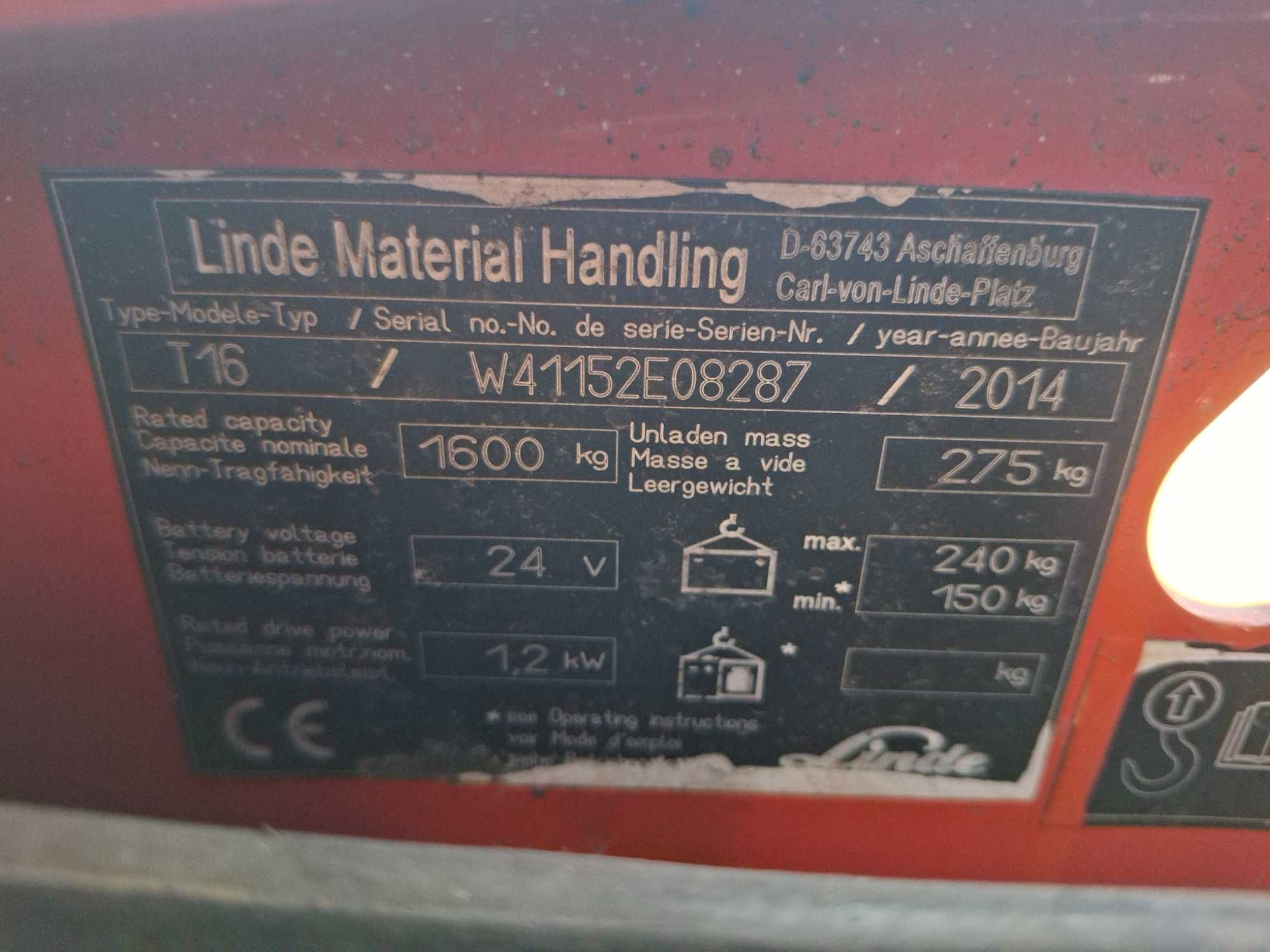 Wózek paletowy elektryczny Linde T16 2014 widły 115cm prostownik
