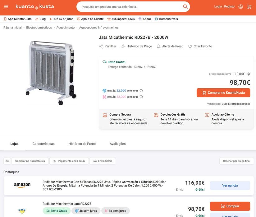 Aquecedor Mica - JATA Micathermic 2.000 W (pé da roda partido!)