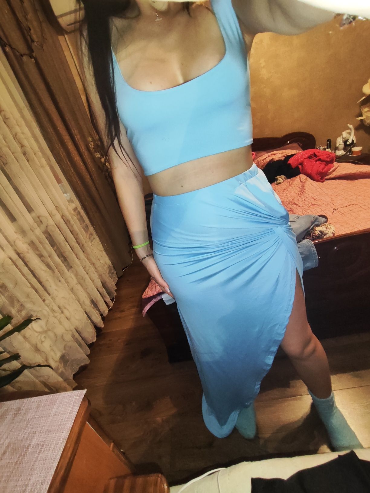 Голубой комплект 3в1 топ и юбка с разрезом и платье с разрезом
