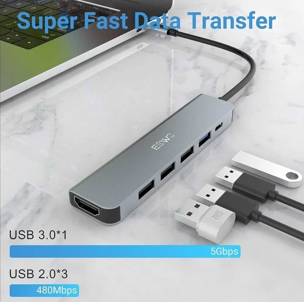 Hub 6w1 Usb C 4K HDMI USB 3.0 2.0 zasilanie 100W